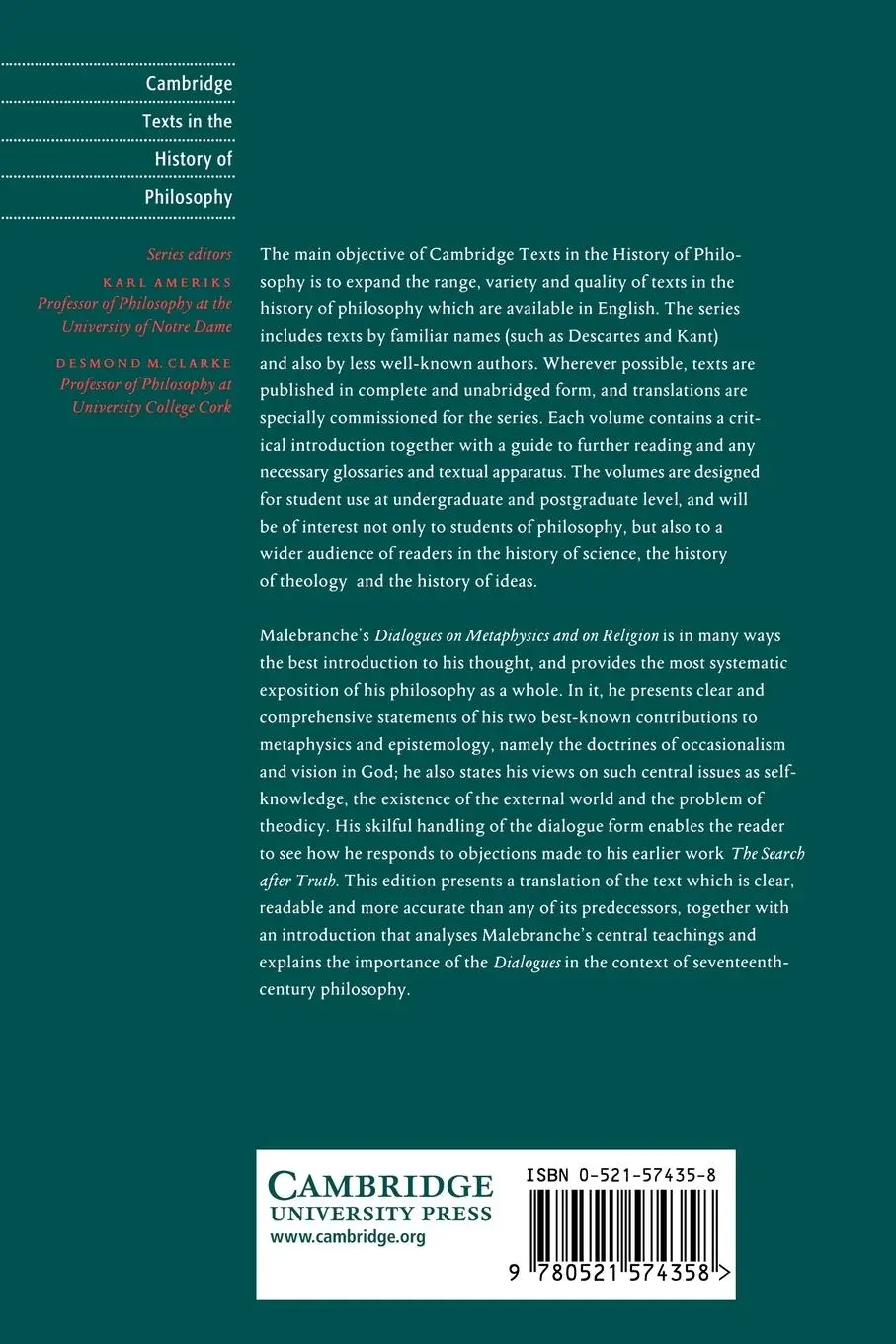 Rückseite: 9780521574358 | Malebranche | Dialogues on Metaphysics and on Religion | Taschenbuch