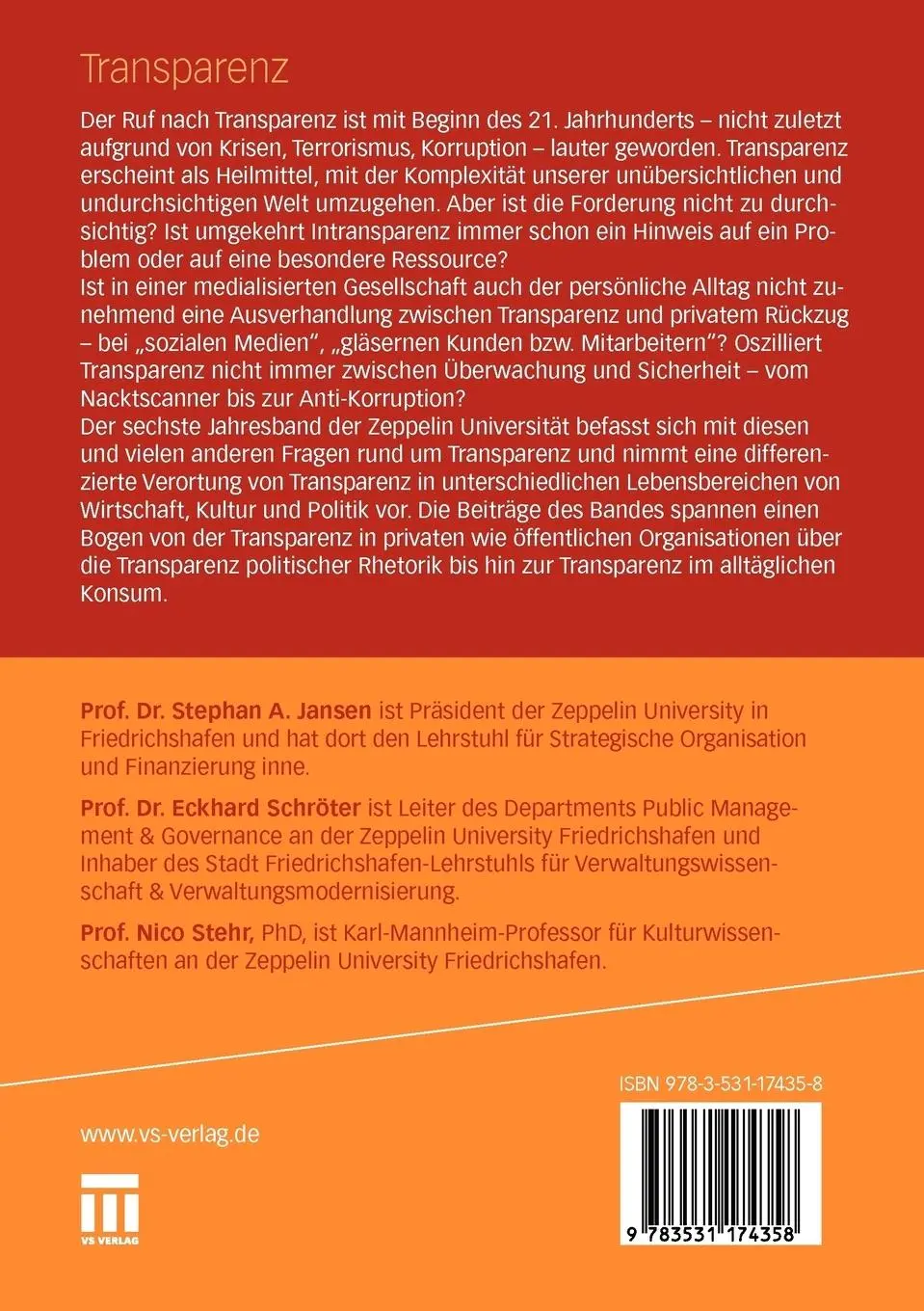 Rückseite: 9783531174358 | Transparenz | Stephan A. Jansen (u. a.) | Taschenbuch | 436 S. | 2010