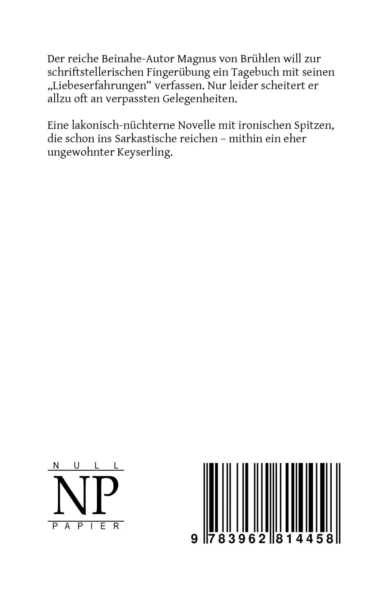 Rückseite: 9783962814458 | Seine Liebeserfahrung | Eduard Von Keyserling | Taschenbuch | 60 S.