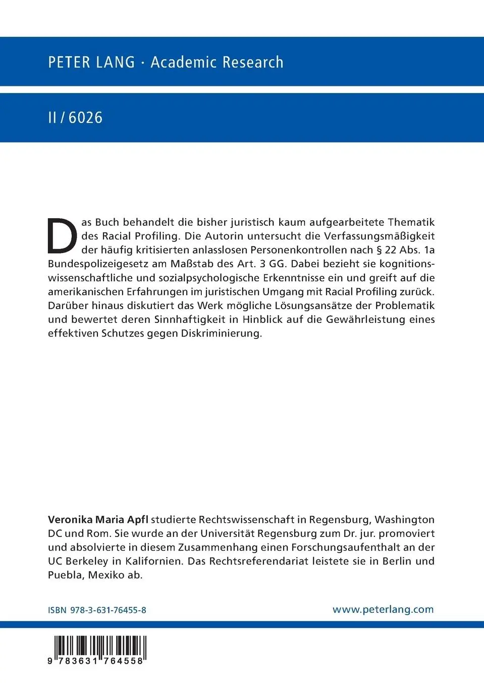 Rückseite: 9783631764558 | Racial Profiling in Deutschland? | Veronika Maria Apfl | Taschenbuch