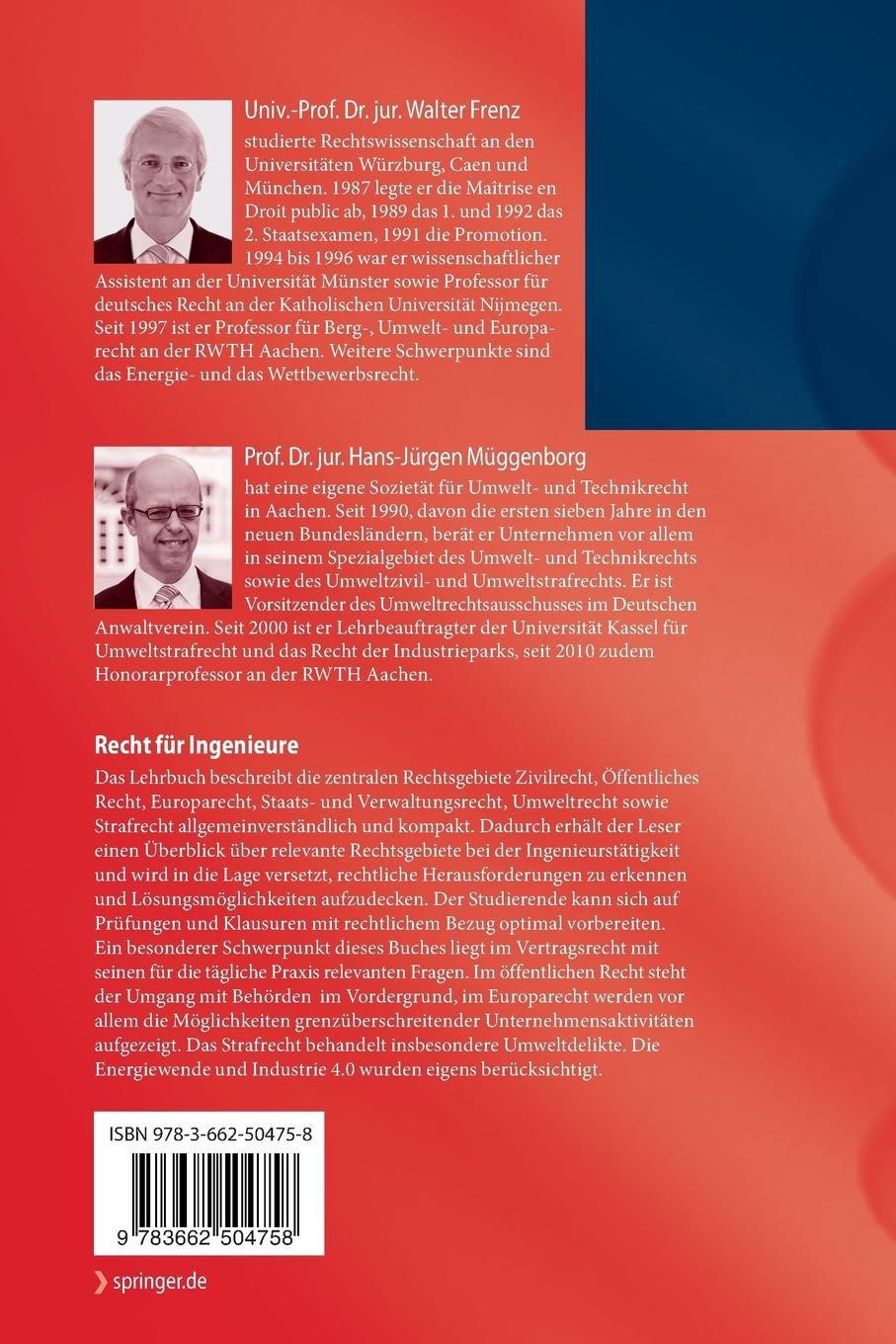 Rückseite: 9783662504758 | Recht für Ingenieure | Hans-Jürgen Müggenborg (u. a.) | Taschenbuch