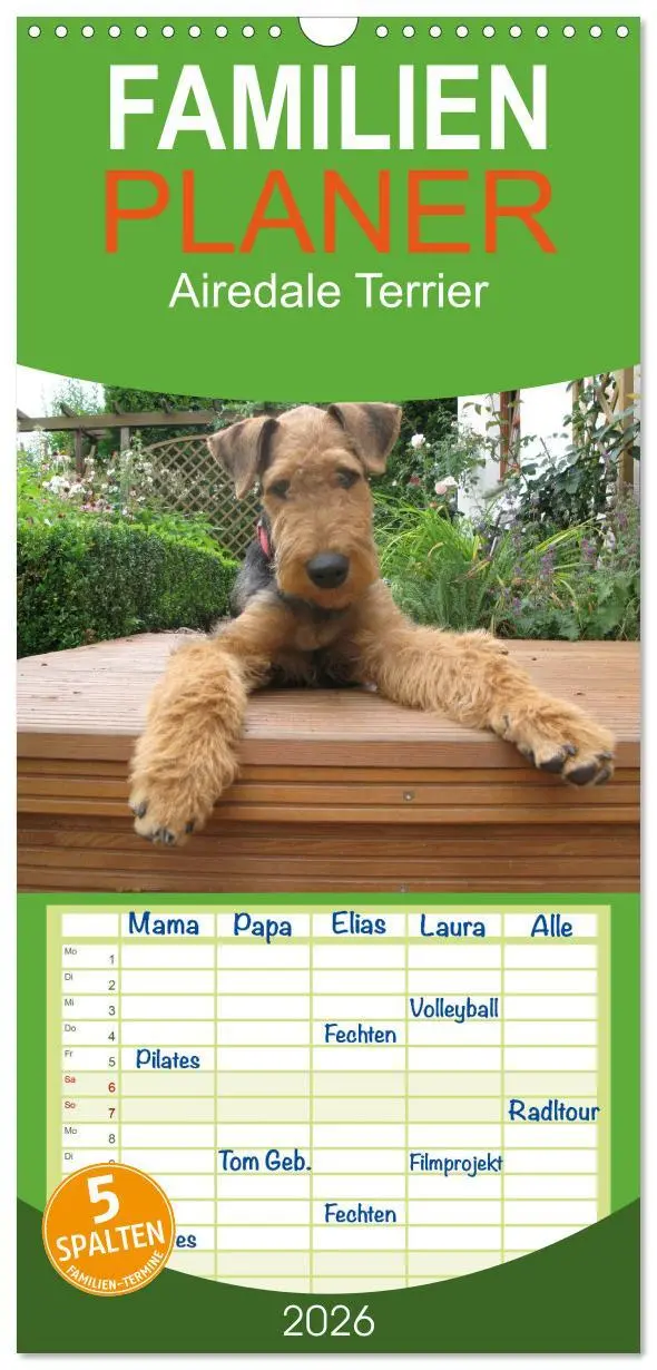 Cover: 9783516514858 | Familienplaner 2026 - Airedale Terrier mit 5 Spalten (Wandkalender,...