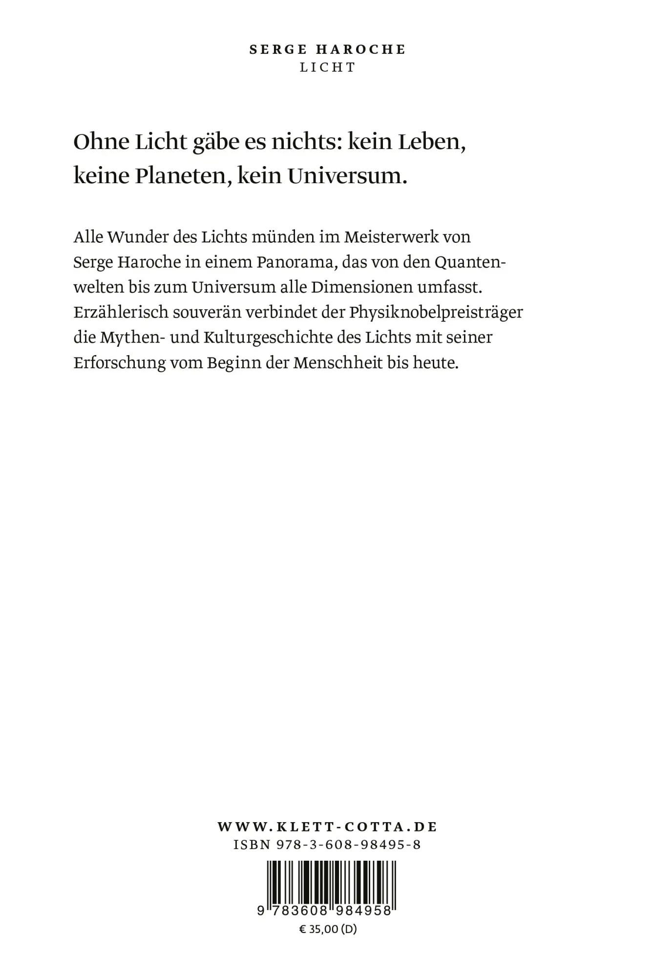 Rückseite: 9783608984958 | Licht | Eine Geschichte | Serge Haroche | Buch | 464 S. | Deutsch