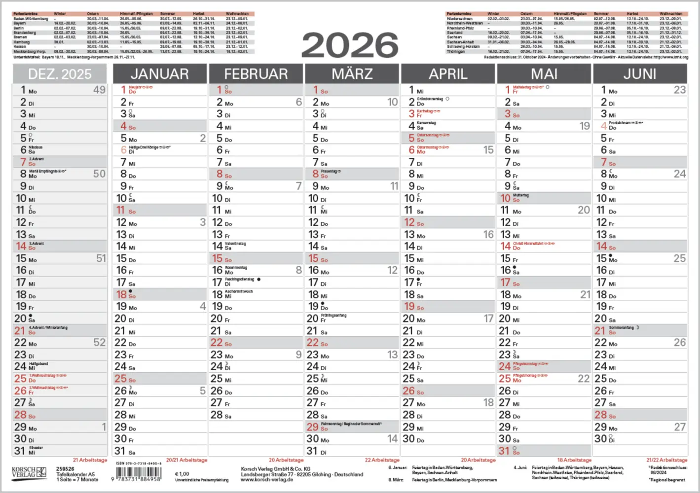 Cover: 9783731884958 | Tafelkalender A5 2026 | Korsch Verlag | Kalender | 1 S. | Deutsch