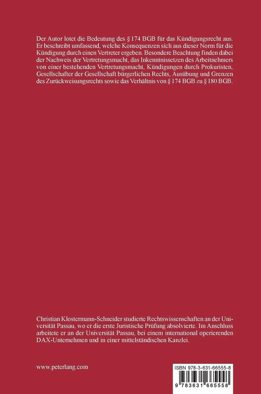 Rückseite: 9783631665558 | § 174 BGB: Zurückweisung der vom Bevollmächtigten vorgenommenen...