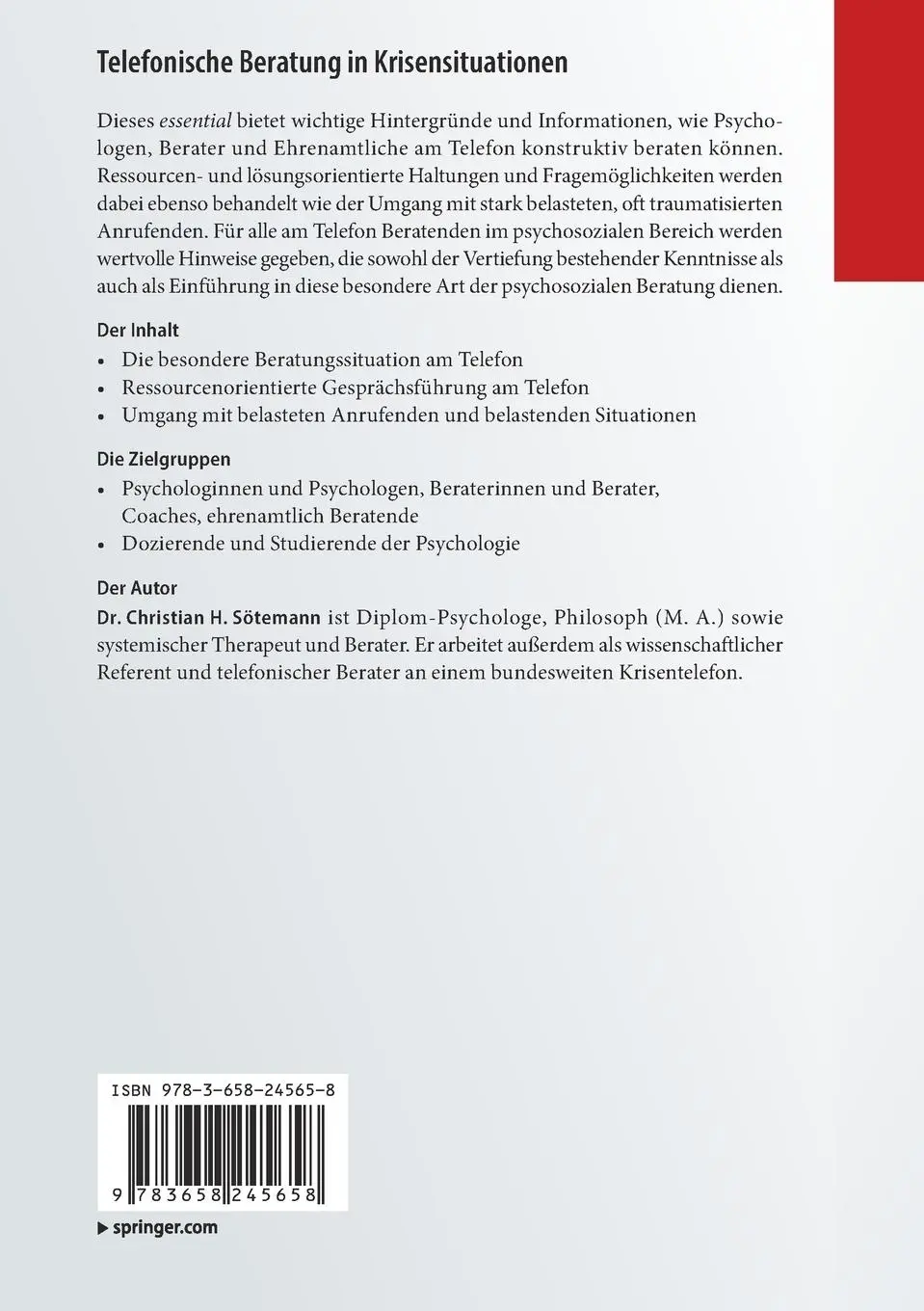 Rückseite: 9783658245658 | Telefonische Beratung in Krisensituationen | Christian H. Sötemann