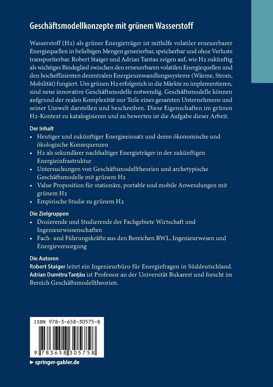 Rückseite: 9783658305758 | Geschäftsmodellkonzepte mit grünem Wasserstoff | Adrian Tan¿¿u (u. a.)