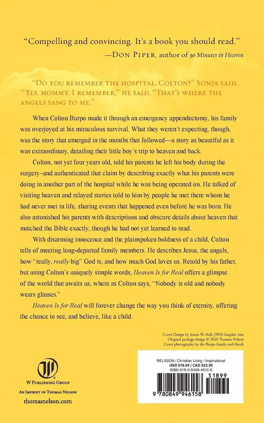 Rückseite: 9780849946158 | Heaven is for Real | Todd Burpo | Taschenbuch | 163 S. | Englisch