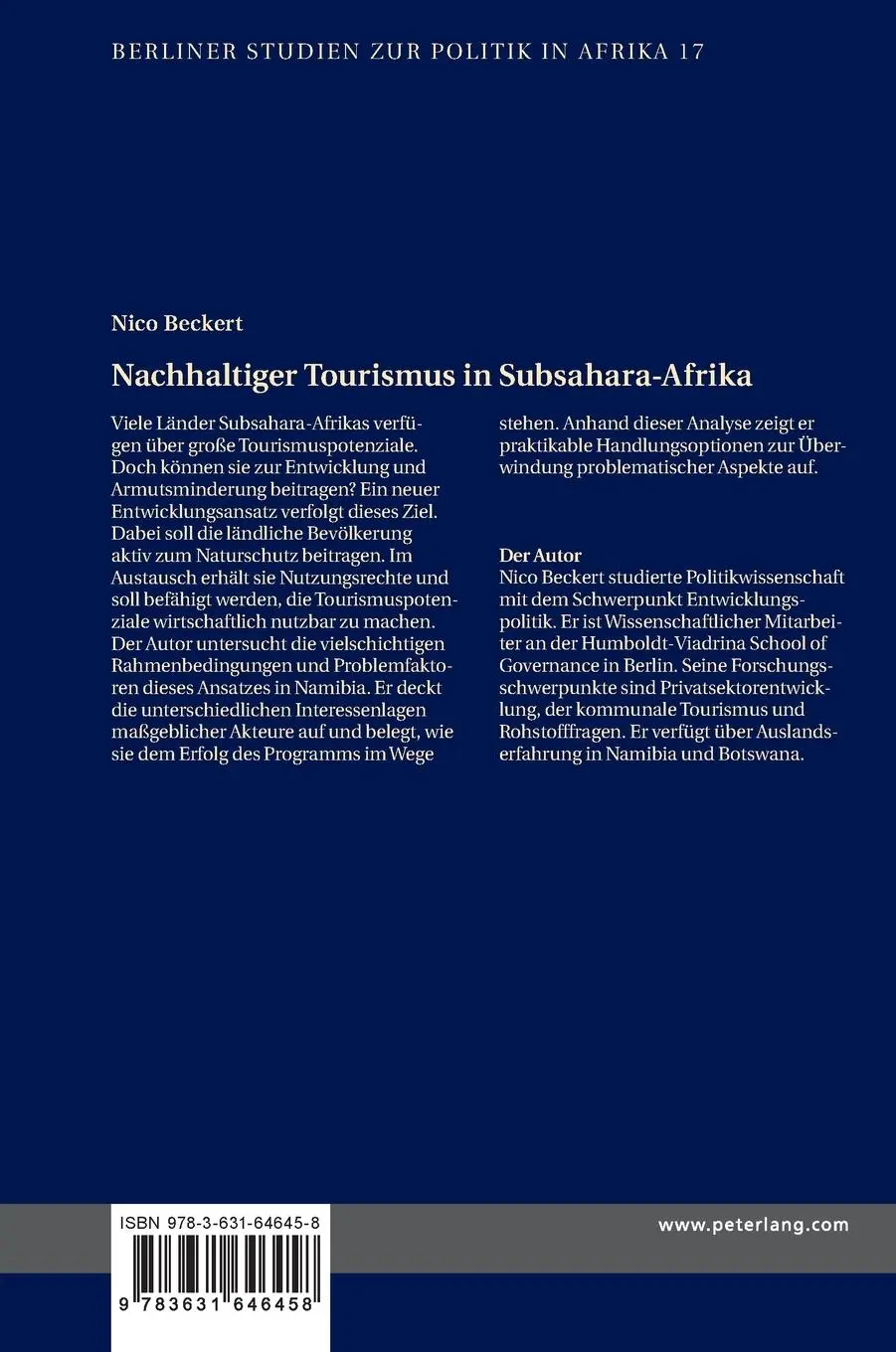 Rückseite: 9783631646458 | Nachhaltiger Tourismus in Subsahara-Afrika | Nico Beckert | Buch