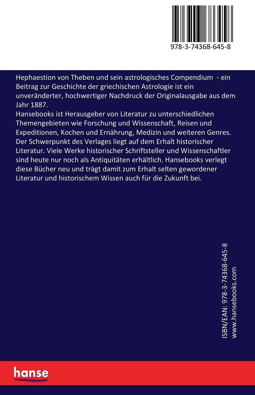 Rückseite: 9783743686458 | Hephaestion von Theben und sein astrologisches Compendium | Buch
