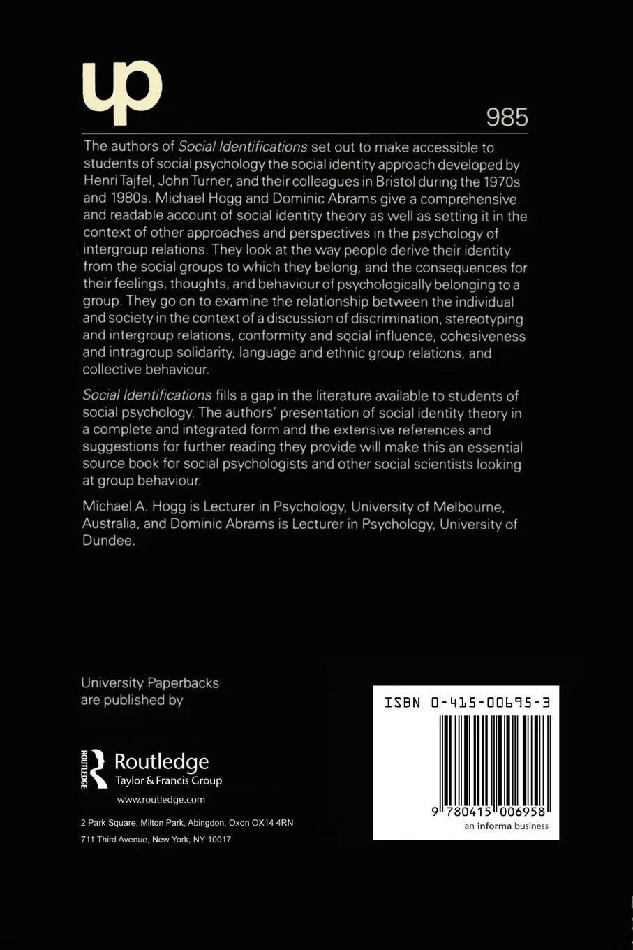 Rückseite: 9780415006958 | Social Identifications | Dominic Abrams (u. a.) | Taschenbuch | 1988