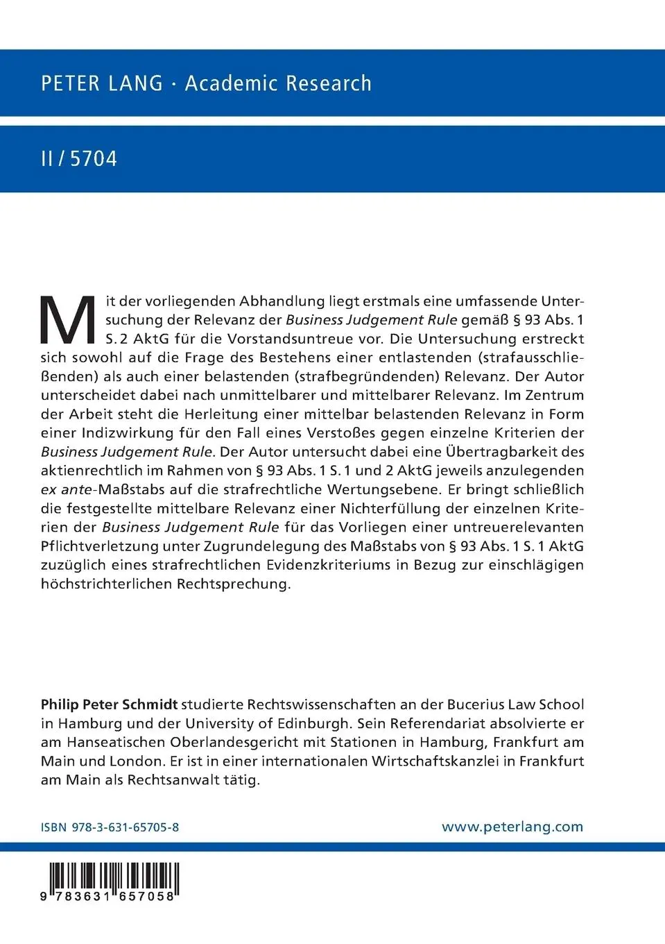 Rückseite: 9783631657058 | Die Relevanz der «Business Judgement Rule» (§ 93 Abs. 1 S. 2 AktG)...