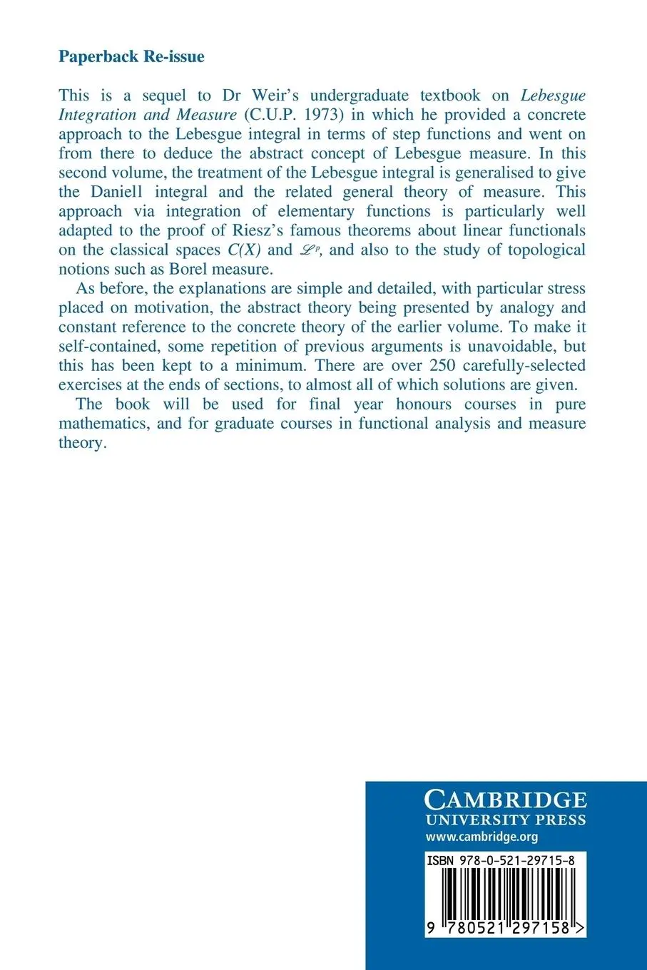 Rückseite: 9780521297158 | General Integration &amp; Measure | A. J. Weir (u. a.) | Taschenbuch