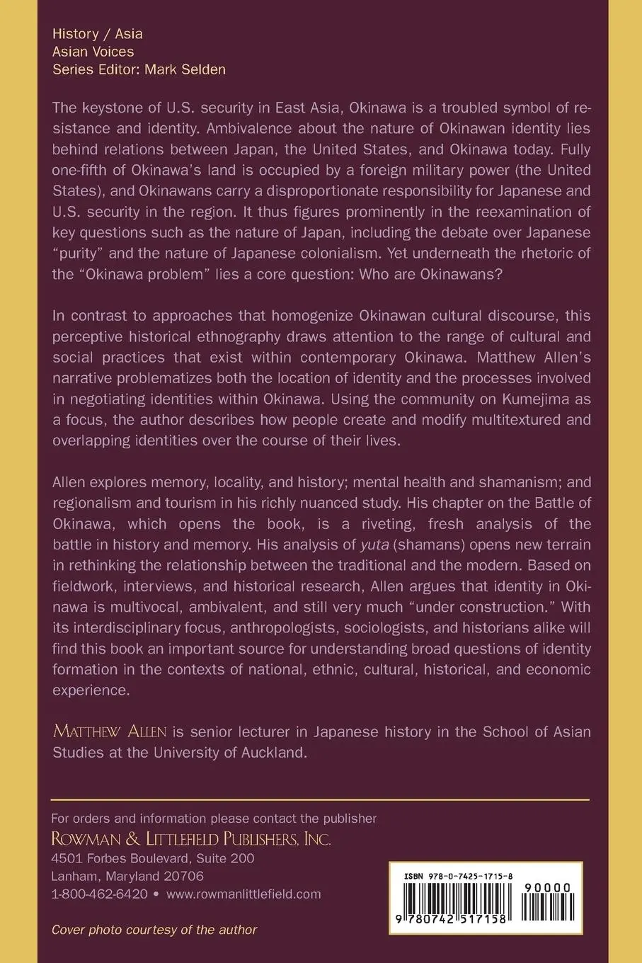 Rückseite: 9780742517158 | Identity and Resistance in Okinawa | Matthew Allen | Taschenbuch