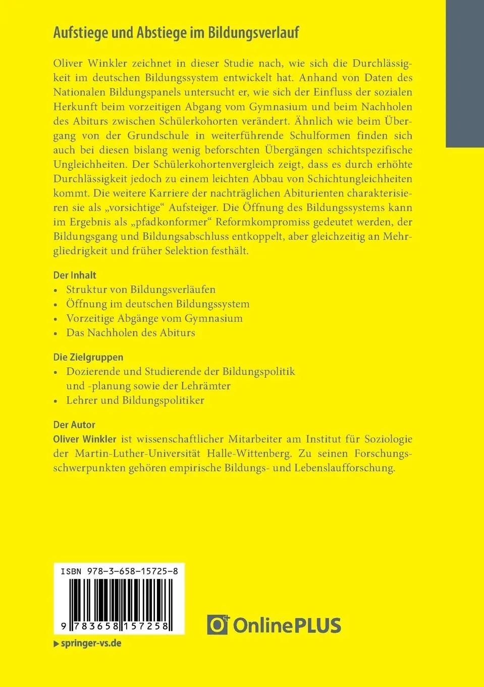 Rückseite: 9783658157258 | Aufstiege und Abstiege im Bildungsverlauf | Oliver Winkler | Buch