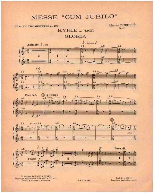 Cover: 9790044067558 | Messe Cum Jubilo Op. 11 | Trumpet 1 &amp; 2 in Ut | Maurice Duruflé | 2001