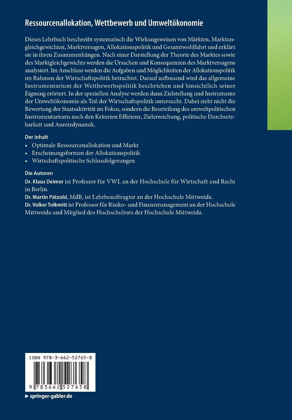 Rückseite: 9783662527658 | Ressourcenallokation, Wettbewerb und Umweltökonomie | Deimer (u. a.)