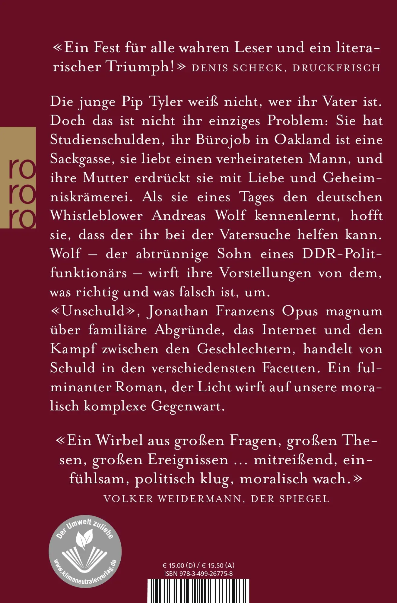 Rückseite: 9783499267758 | Unschuld | Jonathan Franzen | Taschenbuch | 832 S. | Deutsch | 2016