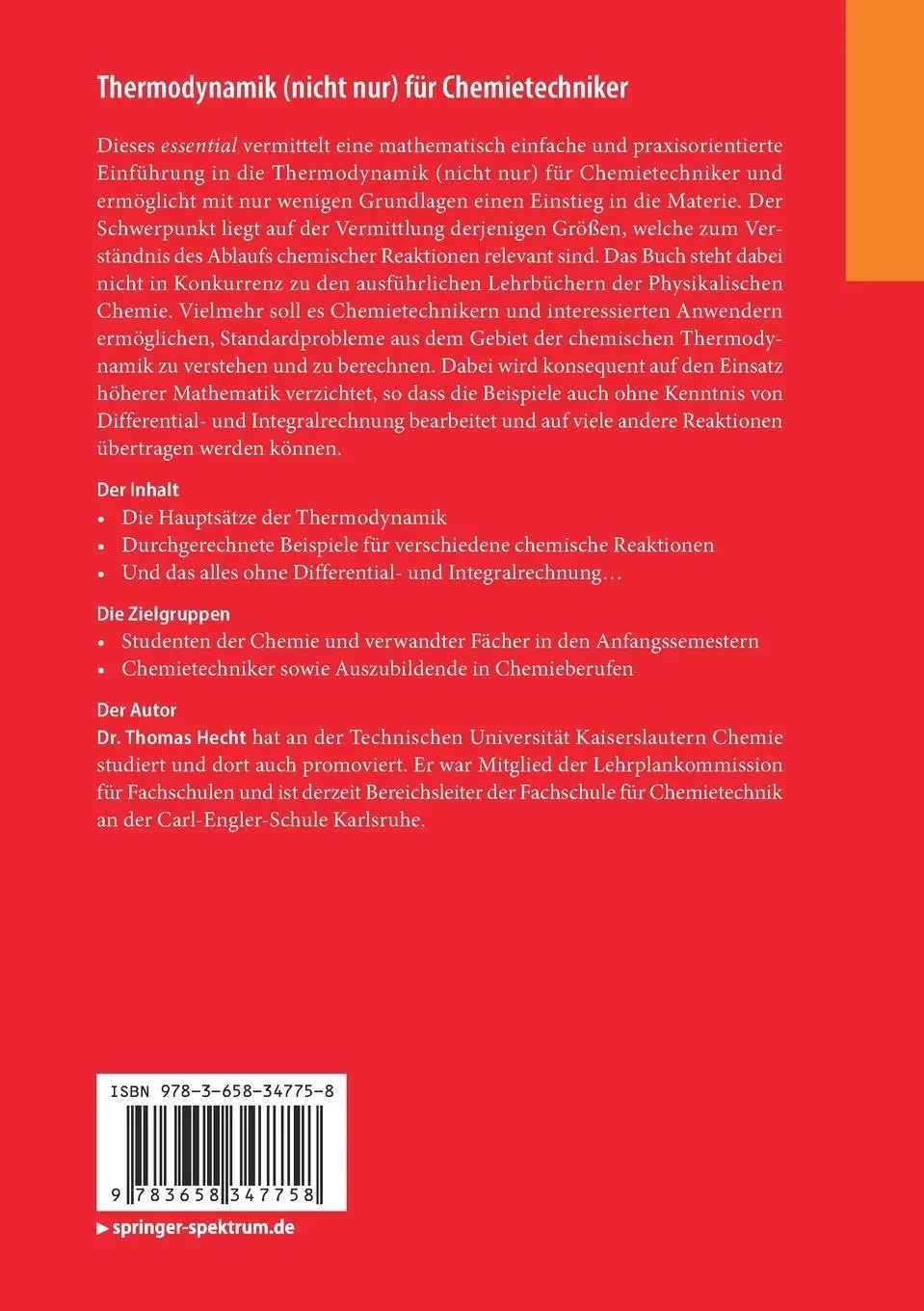 Rückseite: 9783658347758 | Thermodynamik (nicht nur) für Chemietechniker | Thomas Hecht | Buch