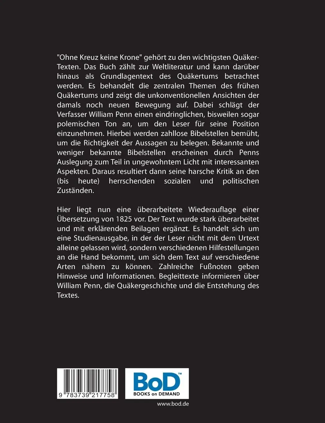 Rückseite: 9783739217758 | Ohne Kreuz keine Krone | Studienausgabe - 4. Auflage | William Penn