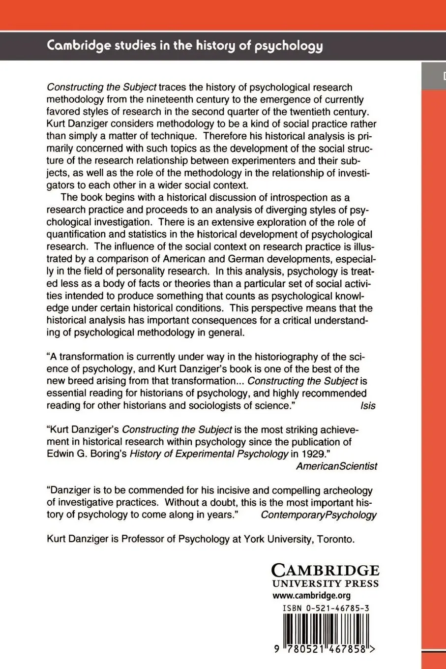 Rückseite: 9780521467858 | Constructing the Subject | Kurt Danziger (u. a.) | Taschenbuch | 2002