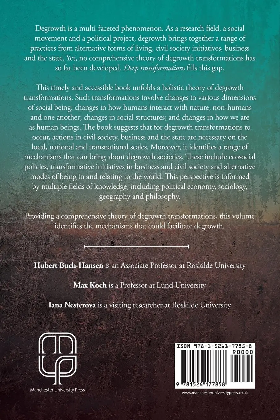 Rückseite: 9781526177858 | Deep transformations | A theory of degrowth | Buch-Hansen (u. a.)