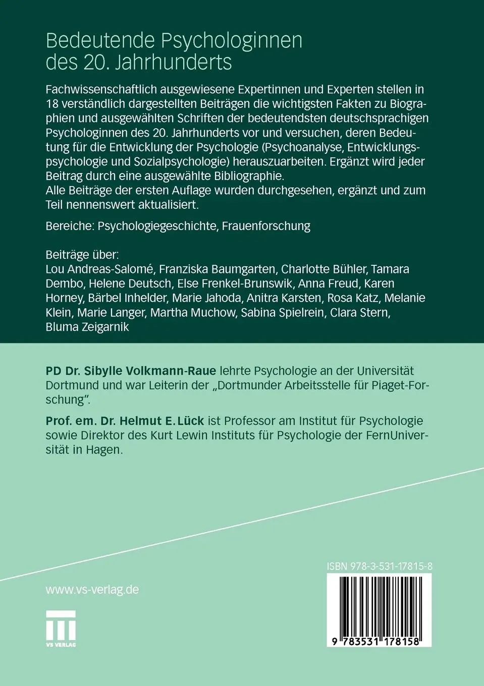 Rückseite: 9783531178158 | Bedeutende Psychologinnen des 20. Jahrhunderts | Helmut Lück (u. a.)