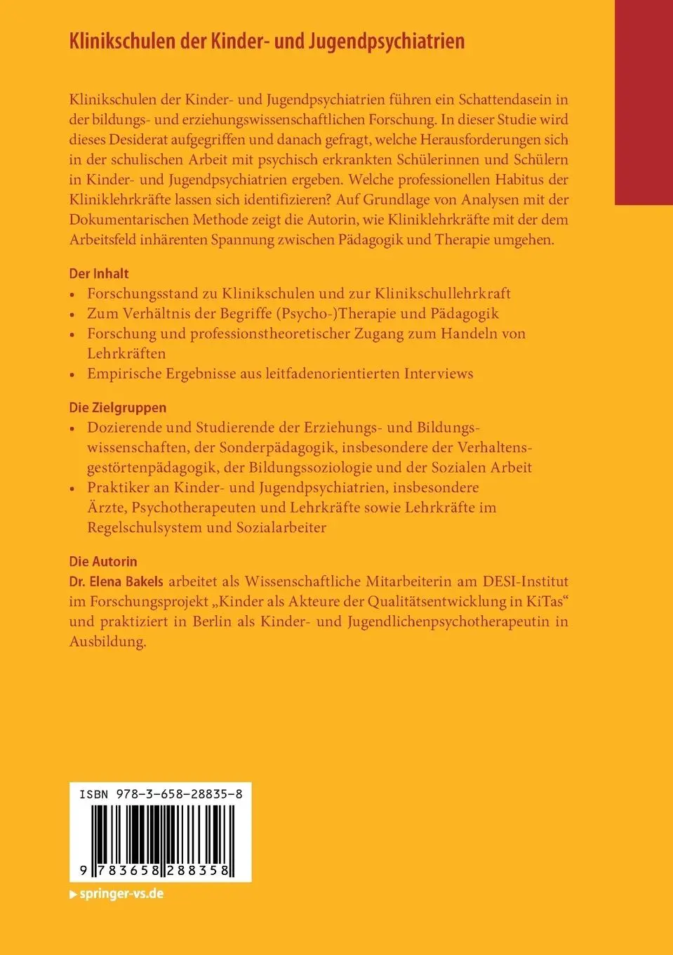 Rückseite: 9783658288358 | Klinikschulen der Kinder- und Jugendpsychiatrien | Elena Bakels | Buch