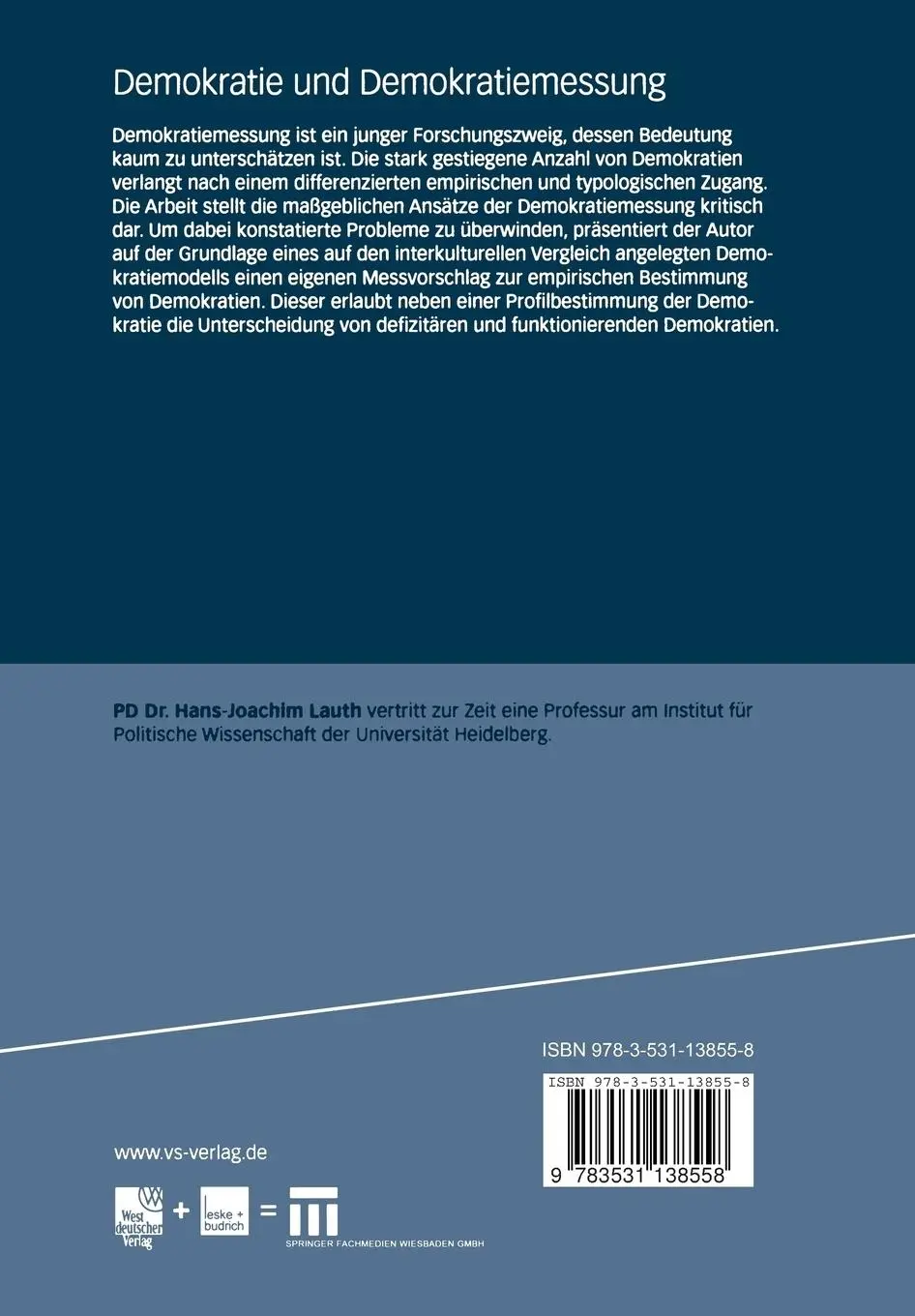 Rückseite: 9783531138558 | Demokratie und Demokratiemessung | Hans-Joachim Lauth | Taschenbuch
