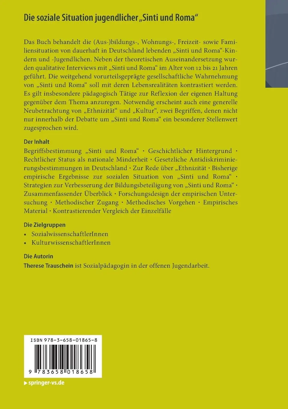 Rückseite: 9783658018658 | Die soziale Situation jugendlicher "Sinti und Roma" | Trauschein