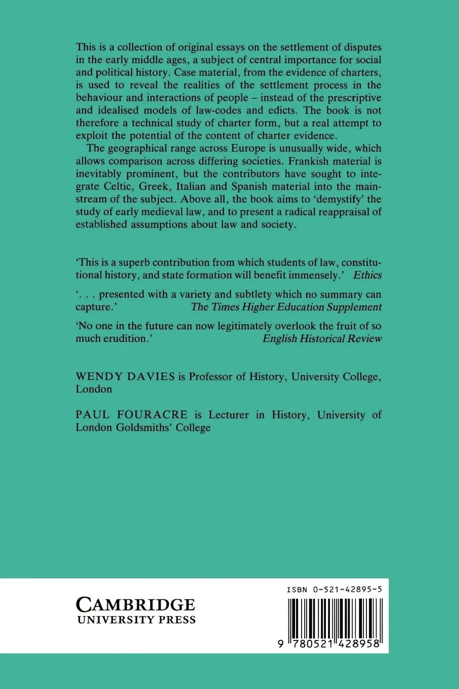 Rückseite: 9780521428958 | The Settlement of Disputes in Early Medieval Europe | Davies (u. a.)