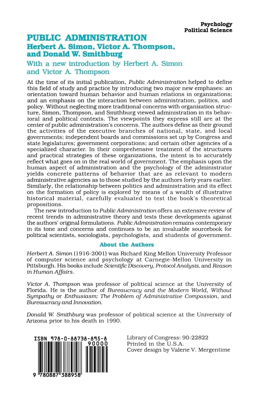 Rückseite: 9780887388958 | Public Administration | Herbert A. Simon | Taschenbuch | Englisch