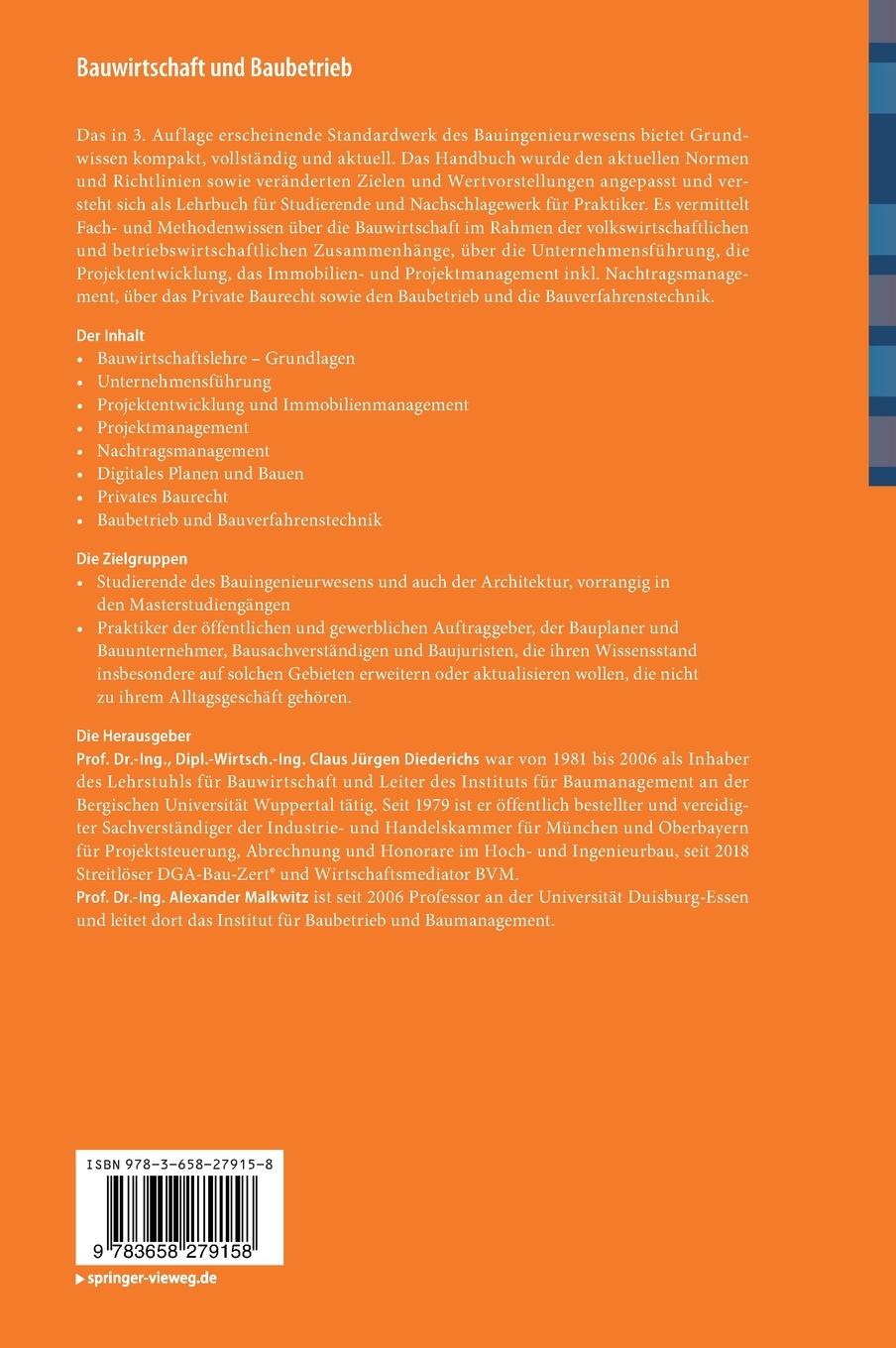 Rückseite: 9783658279158 | Bauwirtschaft und Baubetrieb | Claus Jürgen Diederichs (u. a.) | Buch