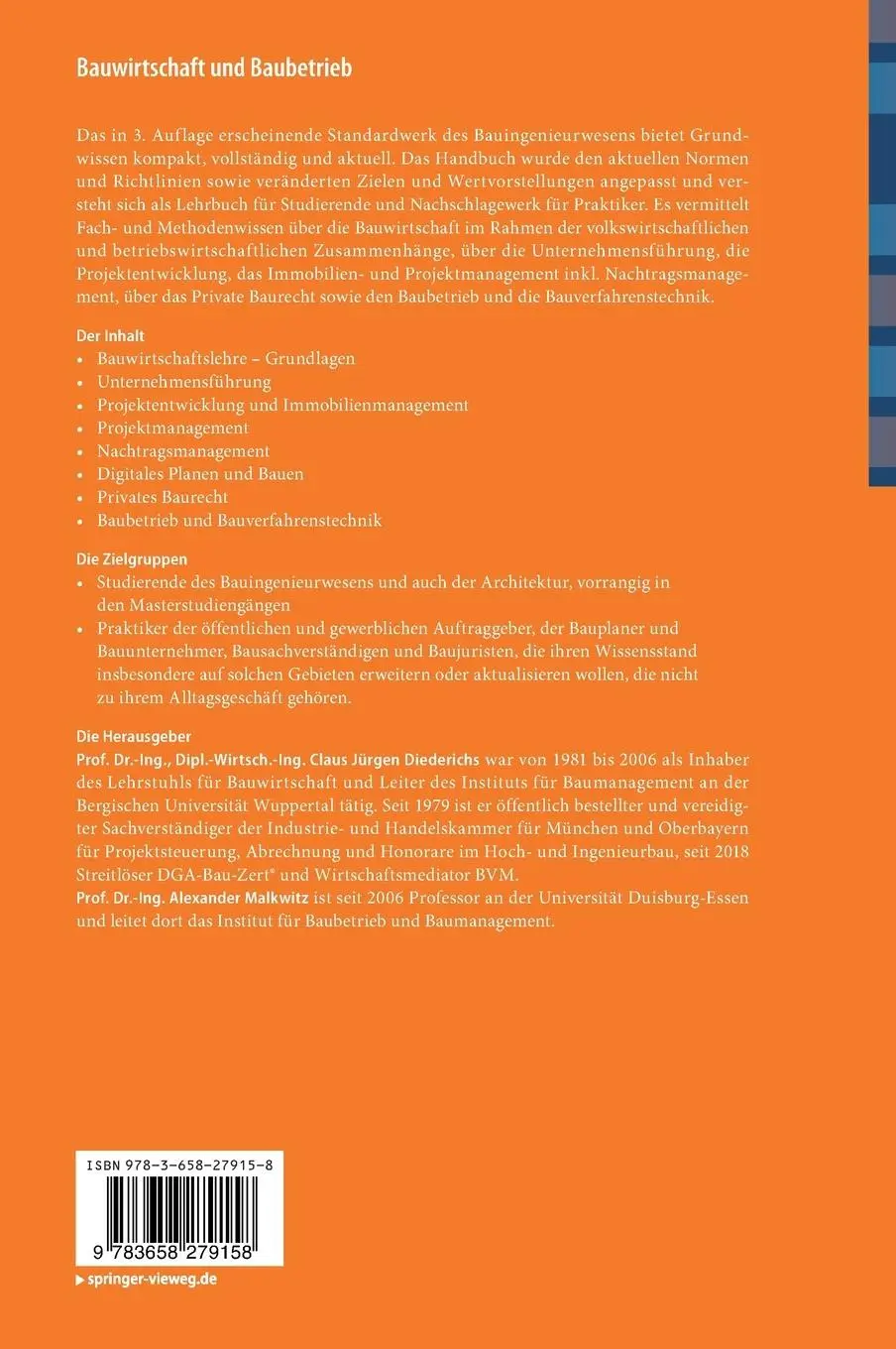 Rückseite: 9783658279158 | Bauwirtschaft und Baubetrieb | Claus Jürgen Diederichs (u. a.) | Buch
