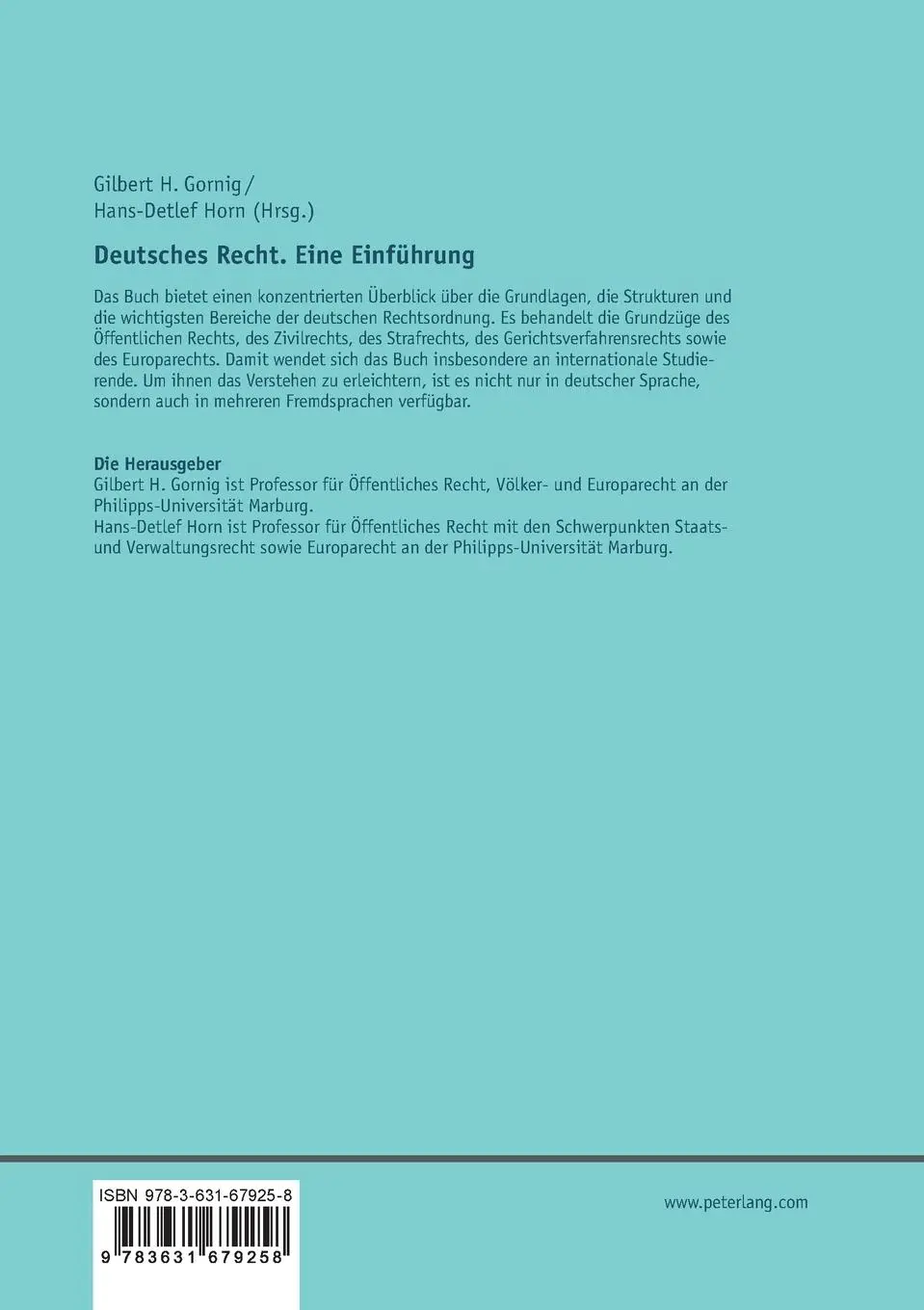 Rückseite: 9783631679258 | Deutsches Recht. Eine Einführung | Hans-Detlef Horn (u. a.) | Buch
