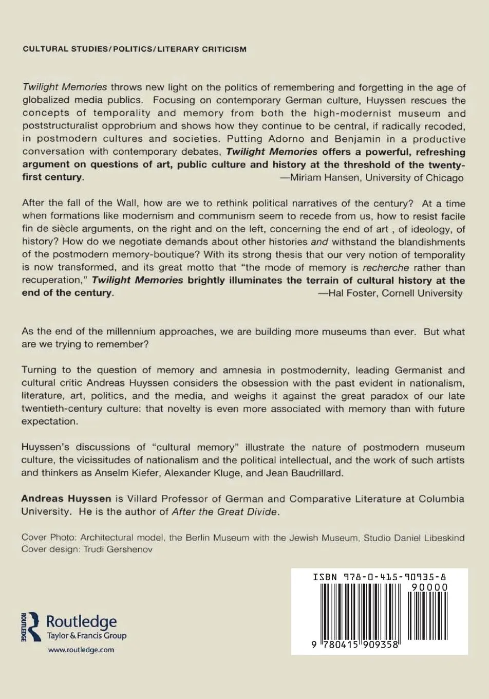 Rückseite: 9780415909358 | Twilight Memories | Marking Time in a Culture of Amnesia | Huyssen