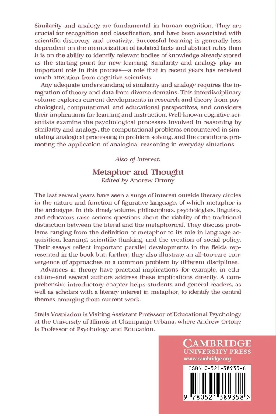 Rückseite: 9780521389358 | Similarity and Analogical Reasoning | Stella Vosniadou (u. a.) | Buch