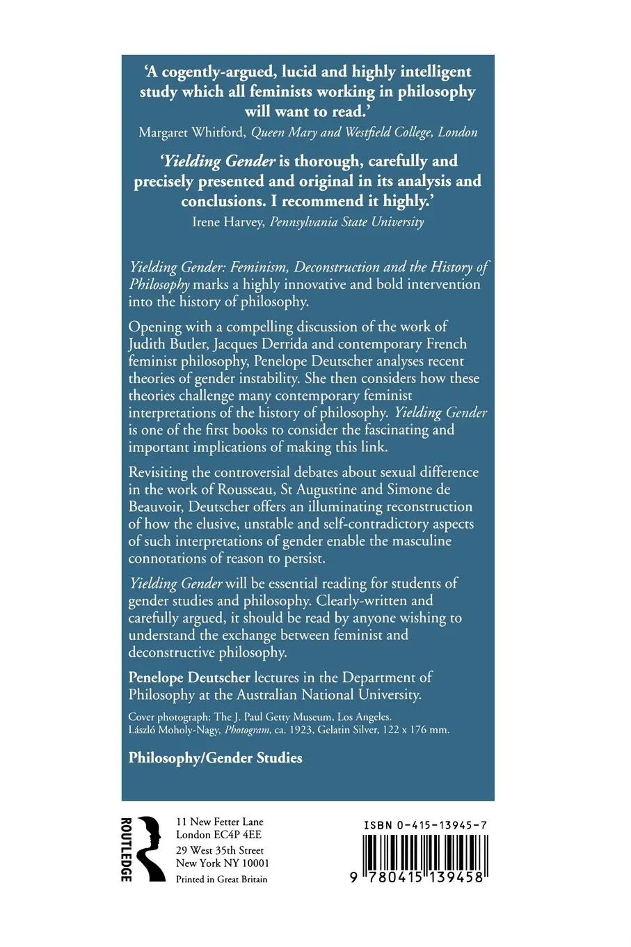 Rückseite: 9780415139458 | Yielding Gender | Penelope Deutscher | Taschenbuch | Englisch | 1997