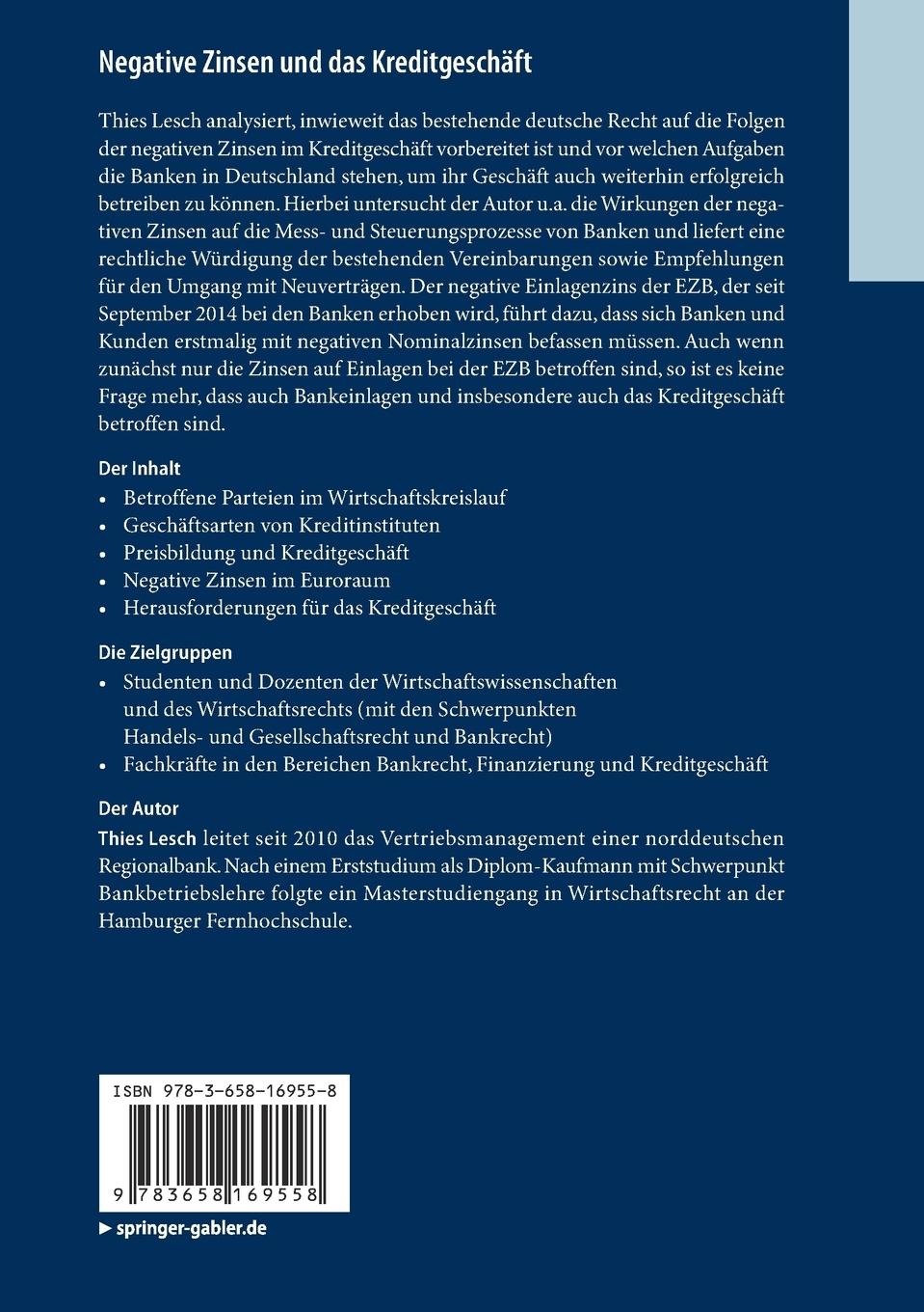 Rückseite: 9783658169558 | Negative Zinsen und das Kreditgeschäft | Thies Lesch | Taschenbuch