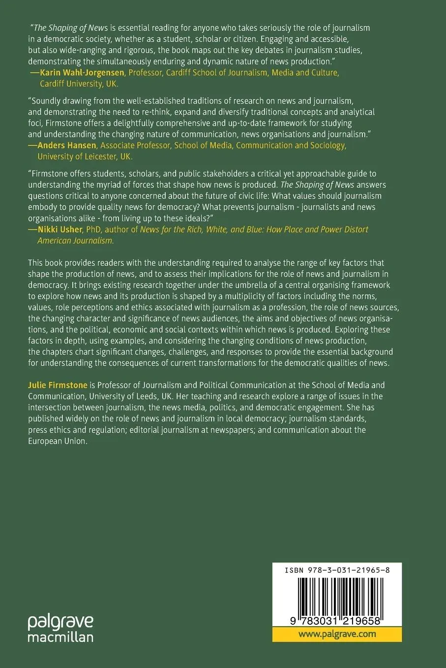 Rückseite: 9783031219658 | The Shaping of News | A Framework for Analysis | Julie Firmstone | xv