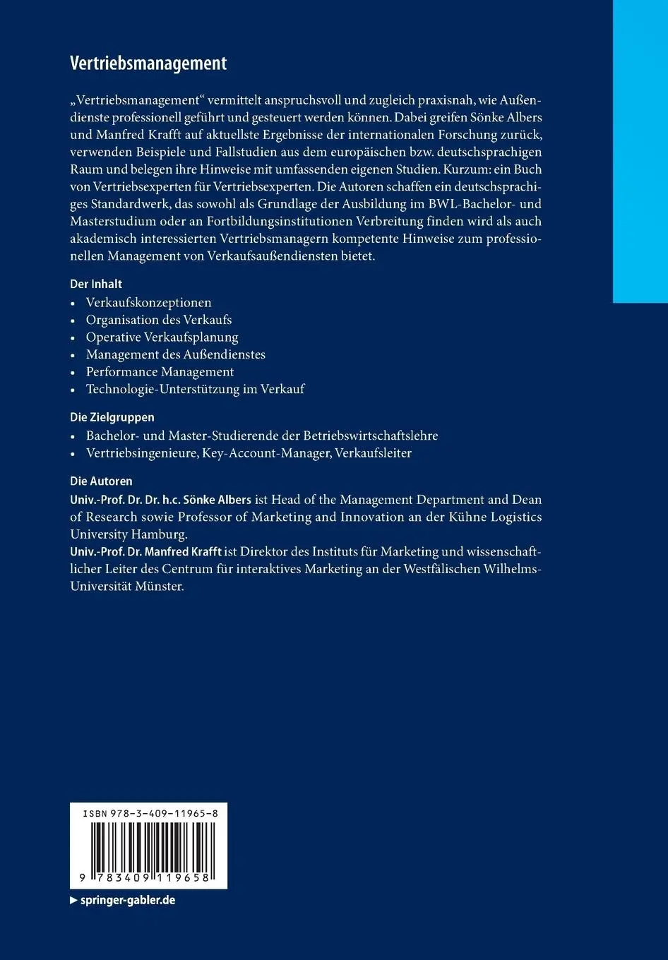 Rückseite: 9783409119658 | Vertriebsmanagement | Organisation - Planung - Controlling - Support