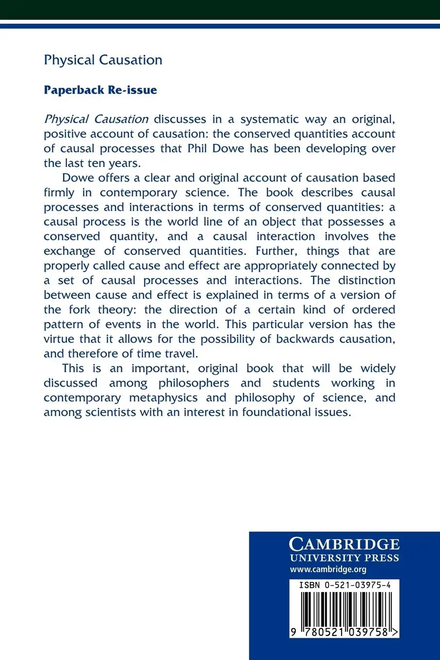 Rückseite: 9780521039758 | Physical Causation | Phil Dowe | Taschenbuch | Paperback | Englisch