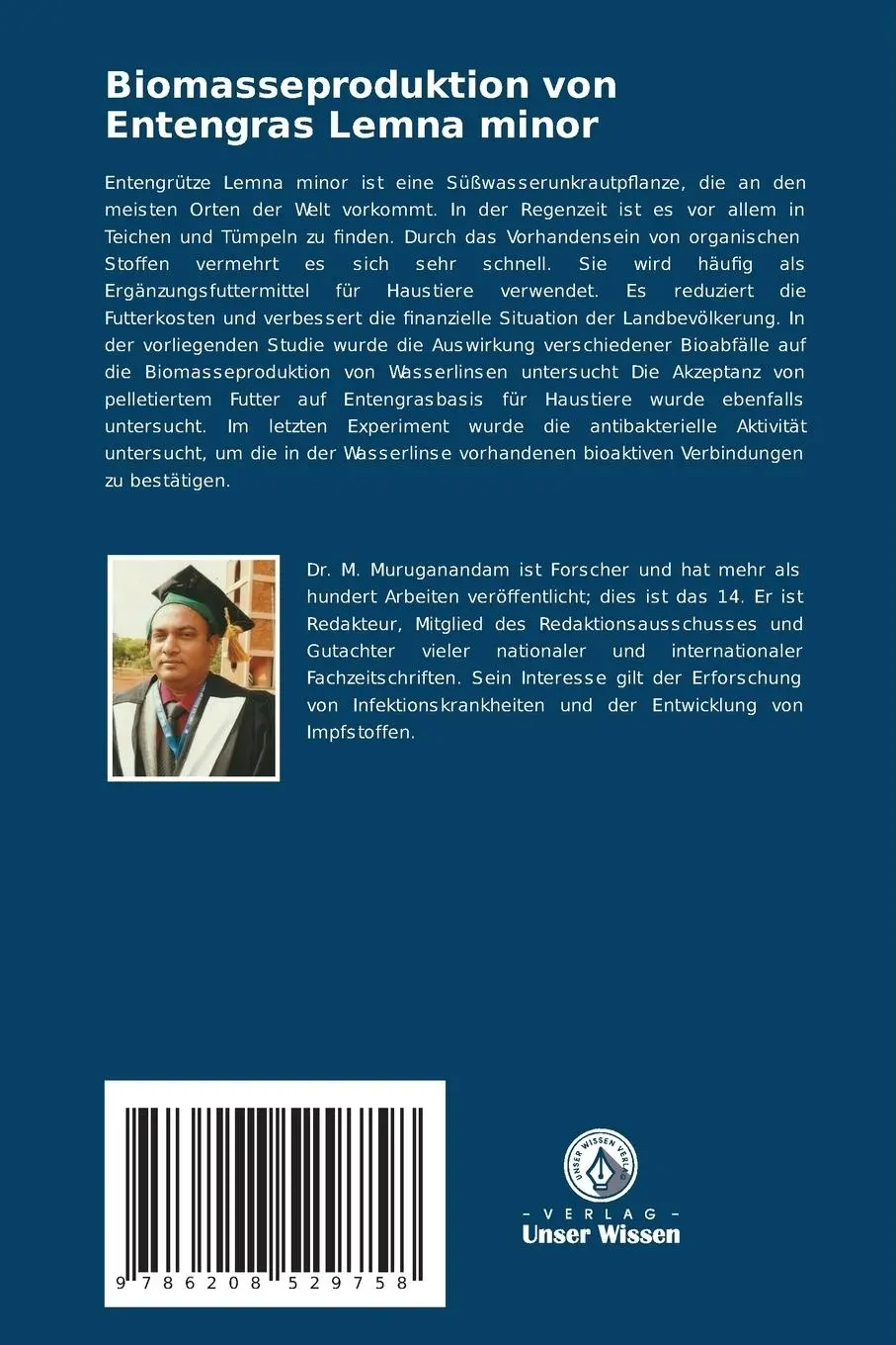 Rückseite: 9786208529758 | Biomasseproduktion von Entengras Lemna minor | Muruganandam M | Buch