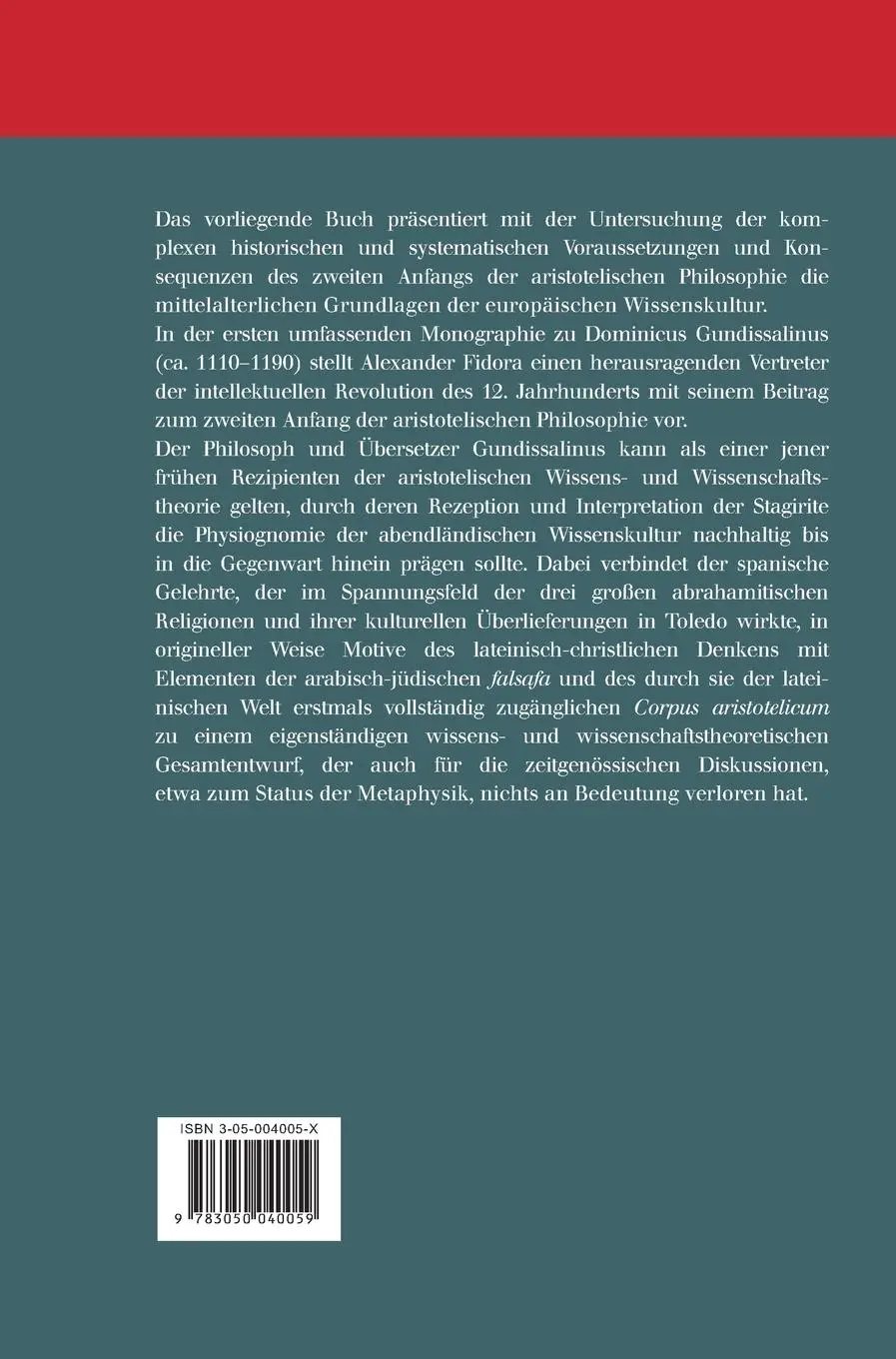 Rückseite: 9783050040059 | Die Wissenschaftstheorie des Dominicus Gundissalinus | Fidora | Buch