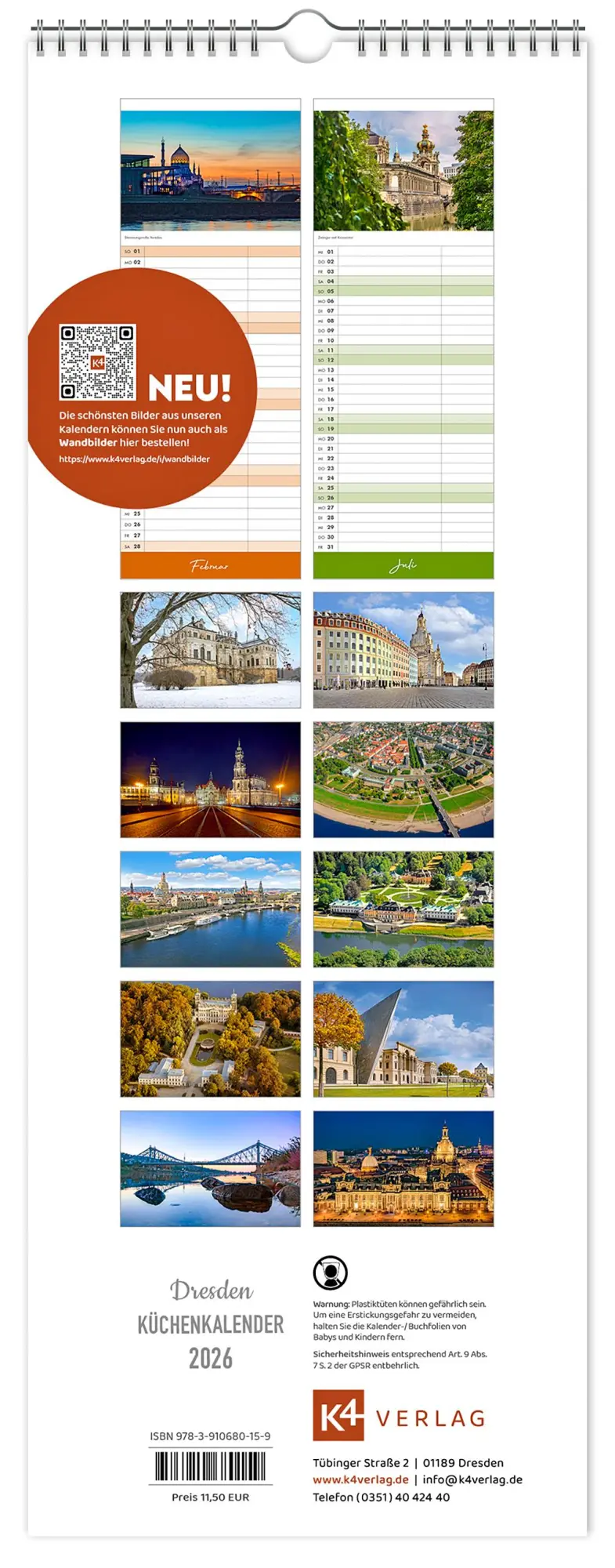 Bild: 9783910680159 | Küchenkalender Dresden 2026 | 15 x 40 cm weißes Kalendarium | Kalender