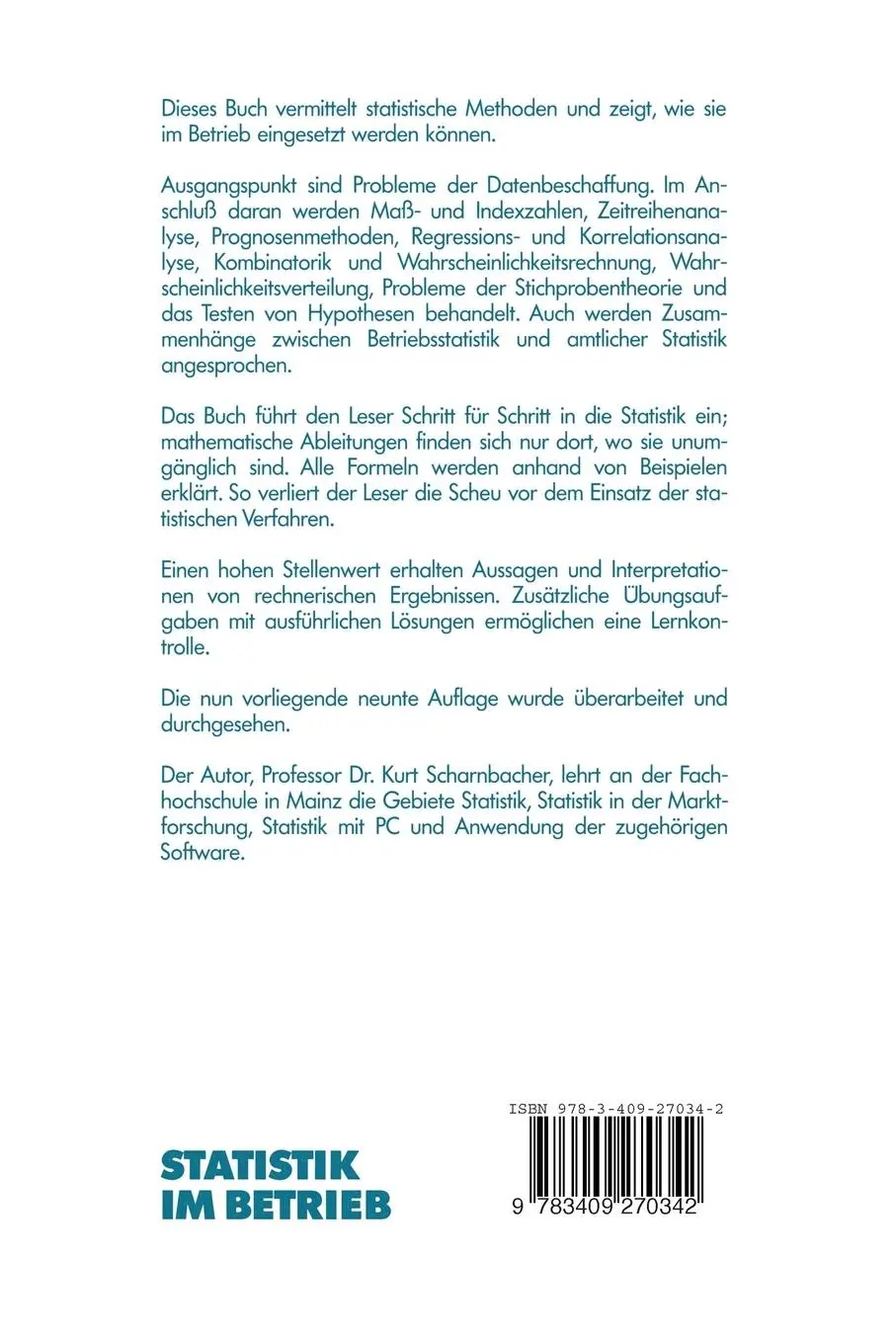 Rückseite: 9783409270359 | Statistik im Betrieb | Lehrbuch mit praktischen Beispielen | Buch
