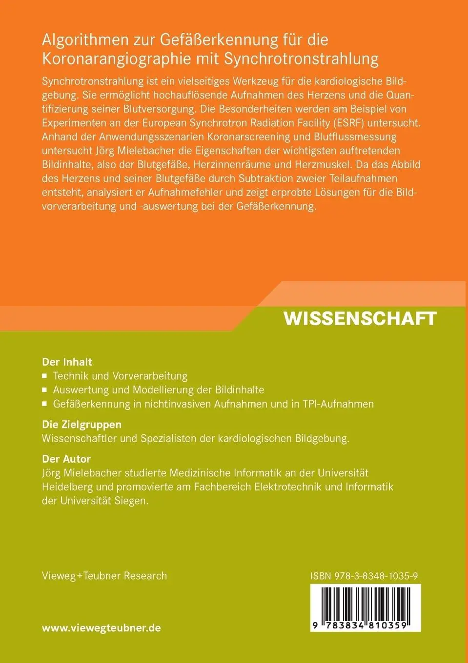 Rückseite: 9783834810359 | Algorithmen zur Gefäßerkennung für die Koronarangiographie mit...