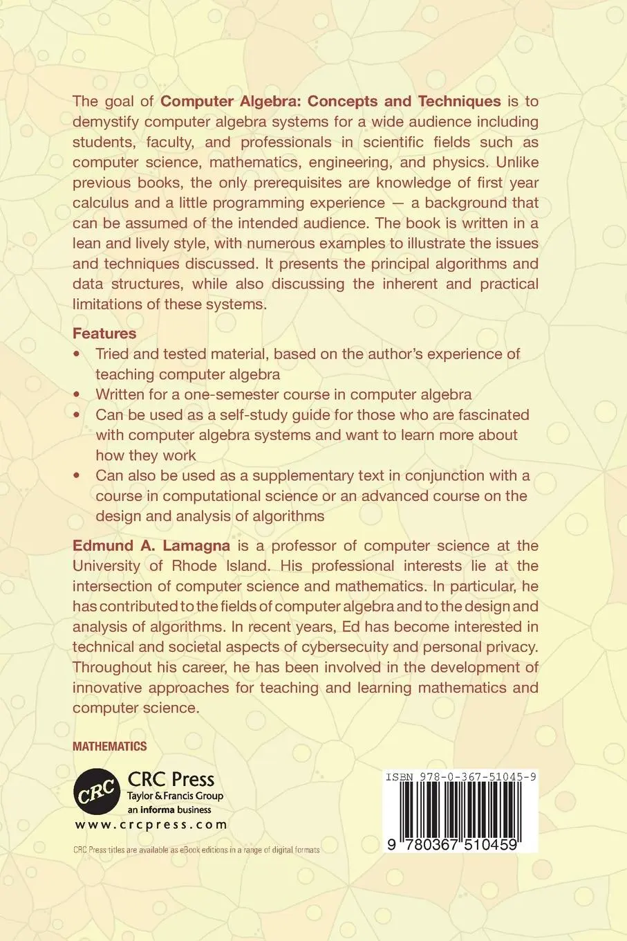 Rückseite: 9780367510459 | Computer Algebra | Concepts and Techniques | Edmund A. Lamagna | Buch