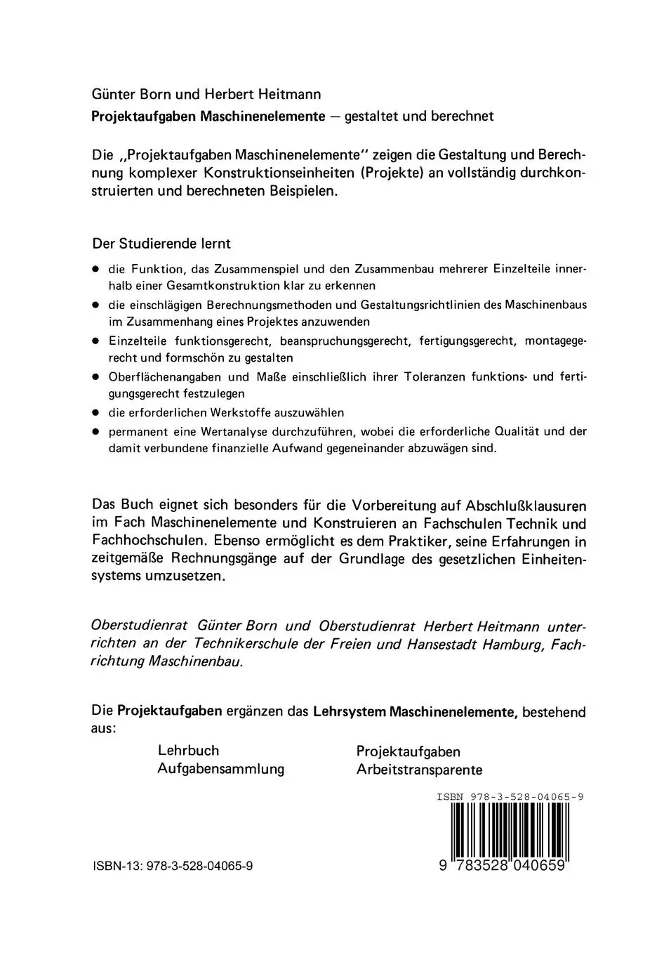 Rückseite: 9783528040659 | Projektaufgaben Maschinenelemente | Gestaltet und Berechnet | Born
