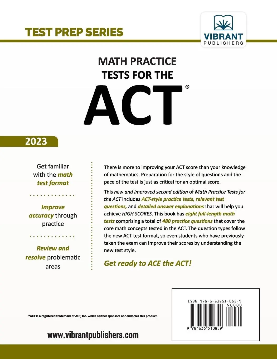 Rückseite: 9781636510859 | Math Practice Tests for the ACT | Vibrant Publishers | Taschenbuch
